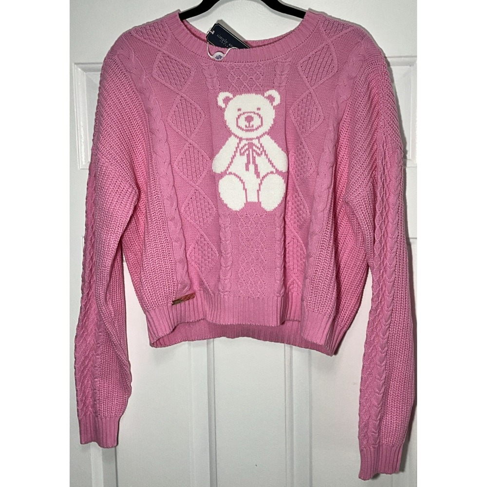 Simply Southern Pink Long Sleeve Teddy Bear Sweater Women's Large